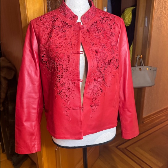 CHANEL Jackets & Blazers - CHANEL Red Leather Jacket with Floral Embroidery Sz L